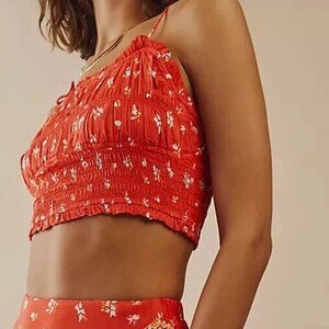 Free People Kaia Floral Printed Smocked Cropped Ruffle Sleeveless Red Top S
